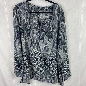 Sioni Woman Blouse 2X Black Tunic Top Blouse Animal Paisley Print